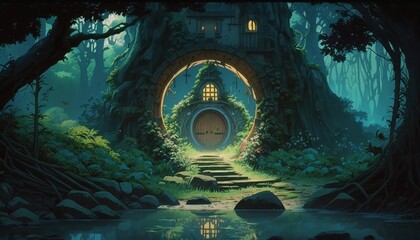Obraz premium Animation illustration forest water and a portal door Studio G,Generative AI