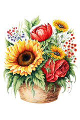 Sticker Sunflowers and flowers bouquet in Basket Watercolor Sublimation Clipart. Colorful Florals, Sunflower, Wild Flowers bouquet in Basket, Clipart Transparent Background, Generative AI