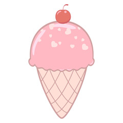 Cold cherry cream ice cream in a waffle cup retro cartoon stylization, anime image, element for background, wallpaper, textile, wrapping paper, greeting cards