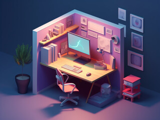Fototapeta na wymiar 3D illustration of freelancer workstation in cartoon style. Work from home or home office. A desk to work with a computer on it. The walls are decorated with various types of decorations. 