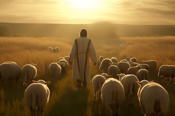 Shepherd Jesus Christ leading the sheep and praying to God and in the field bright sunlight 