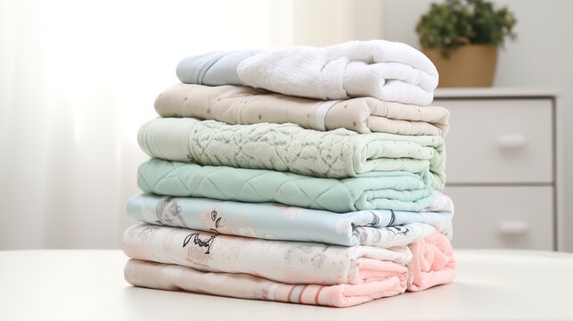Stack of baby blankets and bedspreads folded close-up on a light background. AI generated