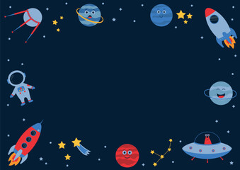 Cute vector cartoon kids frame illustration isolated on dark fone. Planets, satellite, ufo, rockets, stars and astronaut. Children room, party, card and notebook design