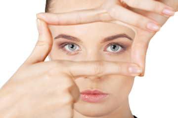 woman creating frame with fingers and working with virtual screen