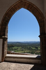 Aracena, Huelva, Spain, March 30, 2023: View of the mountains from the Rear Portico of Our Lady of Greater Sorrow Church in Aracena, Huelva. Spain