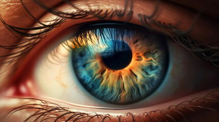 Beautiful woman eye with close up iris. Macro human eyeball. Generative AI
