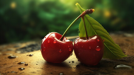 Cherry on the soil. Organic farming sour fruit. Garden growing cherries. Generative AI