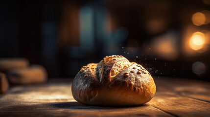 Homemade baked bread on kitchen table. Freshly breakfast bakery food. Generative AI