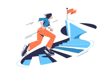 Woman running towards top on stairs to the goal