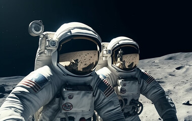 Astronauts in space flying, cosmic fantasy concept, fictitious person. AI generated image