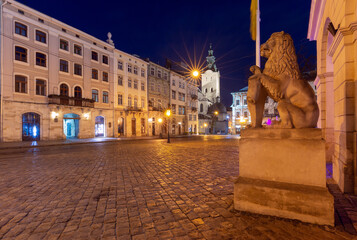 Lvov. The old market square in night illumination at dawn.