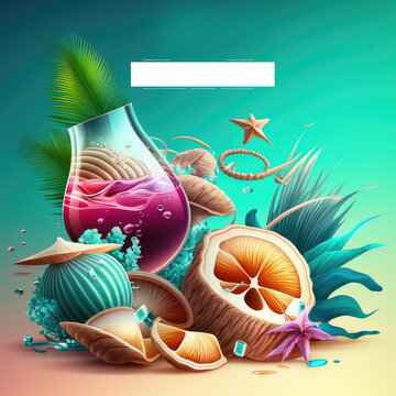 Creative summer card, party invitation, greetings, trevel agency banner, ads Cocktail glass standing on sandy ocean beac near tropical fruits White blank copy paste text area AI generative