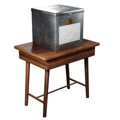 3D rendering illustration of a metal vote box with a blank white paper banner rests on a wooden table.