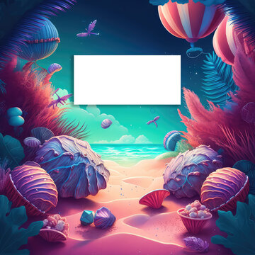 Summer background with fantastic seashells on tropical sand beach near ocean. Flat lay, top view. Summer party backdrop, invitation card concepy. Copy space for text. AI generative