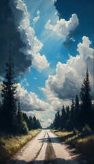 Forest road pure sky and clouds,Generative AI