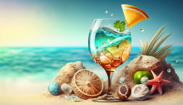 Cocktail glass standing on sandy ocean beac near tropical fruits and seashells. Creative summer card, party invitation, greetings, trevel agency banner, ads. Copy space for text. AI generative