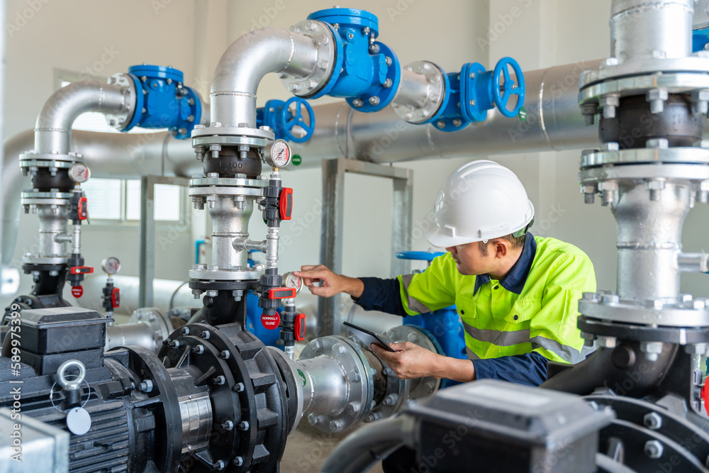 Wall mural asian worker at water supply stations inspect and maintain condenser equipment. pumps in power subst