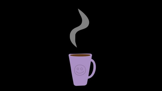 Seamlessly looped animation of a cup with hot drink, water vapor and smile icon on it. Animated illustration of freshly brewed coffee or tea in a mug on transparent background with alpha channel.