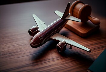 Toy plane and wooden gavel for aviation law and suing airlines. Generative AI - obrazy, fototapety, plakaty