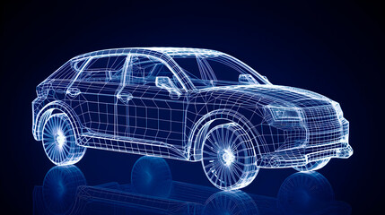Fototapeta na wymiar Futuristic AR car wireframe concept with Augmented reality wireframe intersection on blue background, generative ai