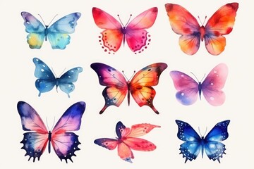Fototapeta na wymiar set of colorful butterflies watercolor Butterfly pack blank background Generative AI