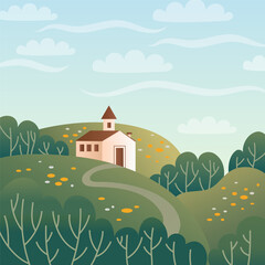 Obraz na płótnie Canvas Landscape with house. Country house in the forest. Farm in the countryside. Cottage among trees. Cartoon vector illustration.