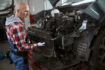 Fototapeta premium Bald master makes a bumper replacement in a car workshop