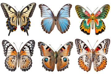 Fototapeta na wymiar Assorted popular decorative butterflies isolated on white background. Blue Morpho, Madagascan Sunset, Painted Lady, Peacock, Eastern Tiger and other. Generated AI.