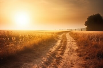 Der Weg ist das ziel, wandern im Sommer durch wundersch&ouml;ne Felder im Sonnenuntergang, generative Ai