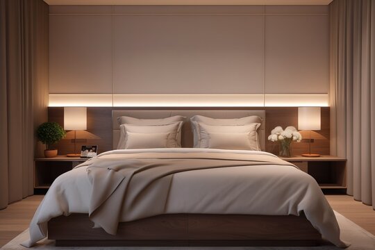Dekoration eines Schlafzimmers, gemütlich, Bett, Stimmung, Licht, Lichtstimmung, Eholen, Ausruhen, 
 Träumen, generative AI