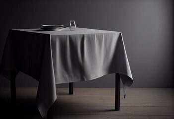 Gray background with modern tablecloth on empty wooden table. Ideal for product display and kitchen design mockups. Generative AI