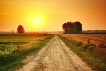 Fototapeta na wymiar Der Weg ist das ziel, wandern im Sommer durch wunderschöne Felder im Sonnenuntergang, generative Ai