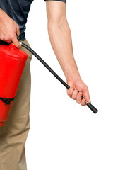 Man using fire extinguisher against grey background