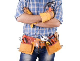 Young man worker in uniform with yellow belt and tools