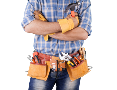 Young man worker in uniform with yellow belt and tools