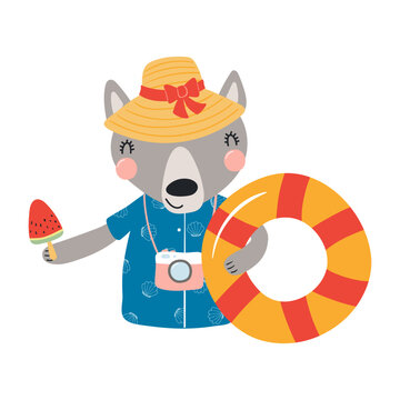 Cute wolf holding ice cream and pool float cartoon character illustration. Hand drawn Scandinavian style flat design, isolated vector. Kids summer print element, animal on holidays, vacations, beach