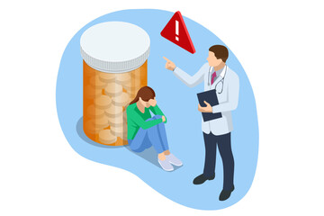 Isometric concept of dependence on pills, drugs, antidepressants. Healthcare and medical, addiction recovery. Concept for prescription drug abuse