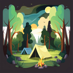 campsite view in forest with tent and campfire