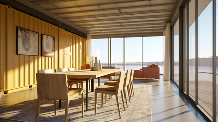 Eco-Friendly Living at Its Best, Dining Room in a Modern House Made of Cargo Containers, Generative AI