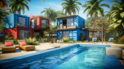 Fototapeta na wymiar Modern Container Houses with a Pool and Tropical Palm Trees in an Exotic Location, Generative AI