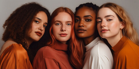 Obraz premium Group of four Diverse and Empowered Multiracial Youth Female university Students Working Together in Band : Power of Collaboration in Clubs, Sports Team. generative AI
