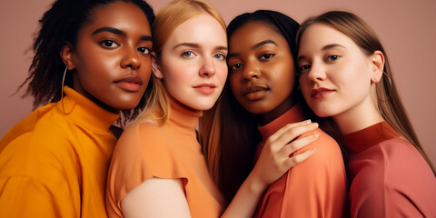 Obraz premium Group of four Diverse and Empowered Multiracial Youth Female university Students Working Together in Band : Power of Collaboration in Clubs, Sports Team. generative AI