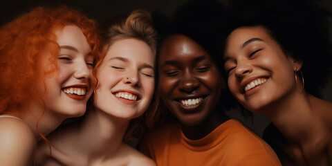 Fototapeta premium Group of four Diverse and Empowered Multiracial Youth Female university Students Working Together in Band : Power of Collaboration in Clubs, Sports Team. generative AI