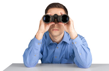 Business man holding binoculars isolated on white background