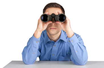 Business man holding binoculars isolated on white background