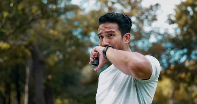 Training health, nature and man drinking water for sports thirst hydration, runner performance workout or exercise running. Athlete wellness, fitness fatigue and tired person with bottle liquid drink
