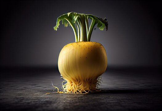 A yellow turnip with a long root removed. Generative AI
