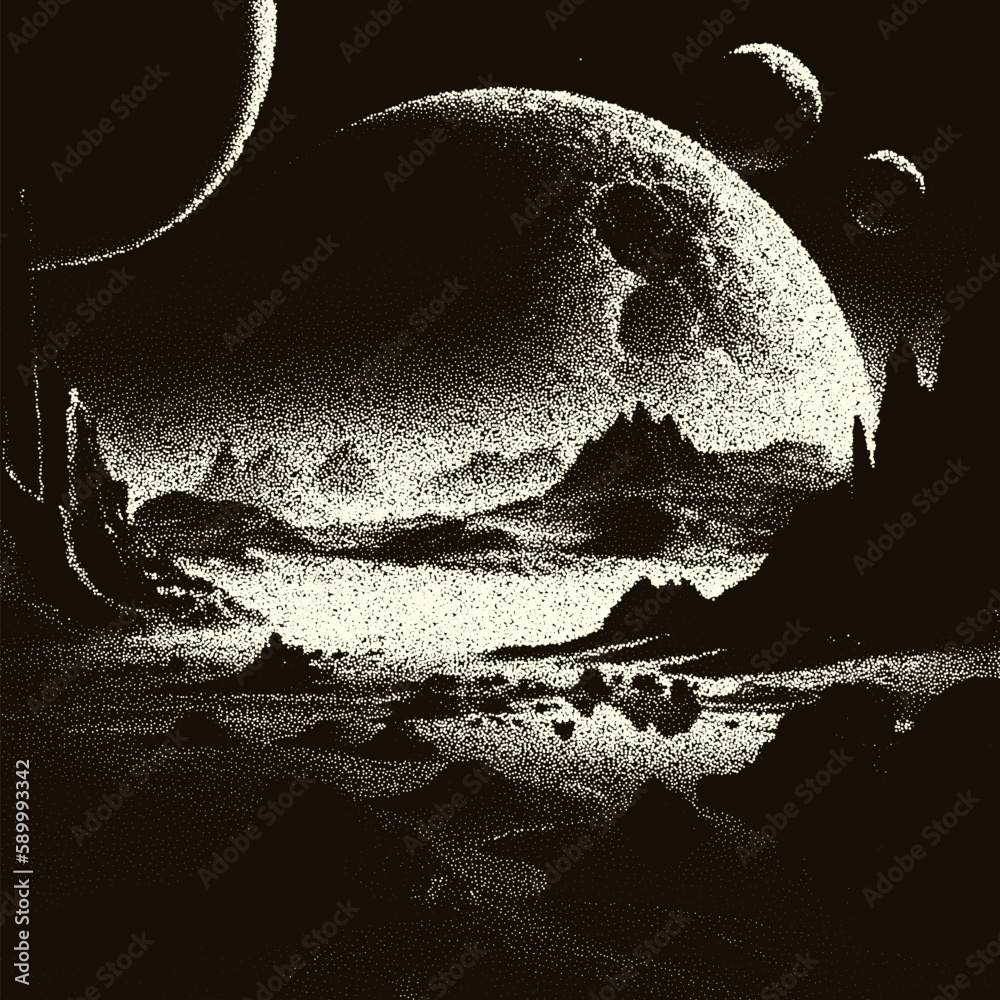 Poster alien planet landscape in retro dotwork style. planets and satellites over unknown planet in space. 