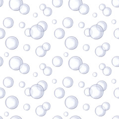 Seamless pattern. Transparent ball, bubble. Glass crystal sphere. Hand-drawn watercolor illustration isolated on white background. Design element