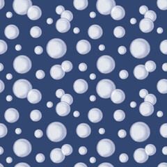 Seamless pattern on dark blue background. Transparent ball, bubble. Glass crystal sphere. Hand-drawn watercolor illustration isolated